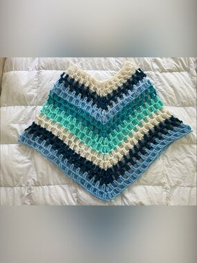 Handmade Crochet V-Neck Poncho Sweater in Cream, Teal & Navy